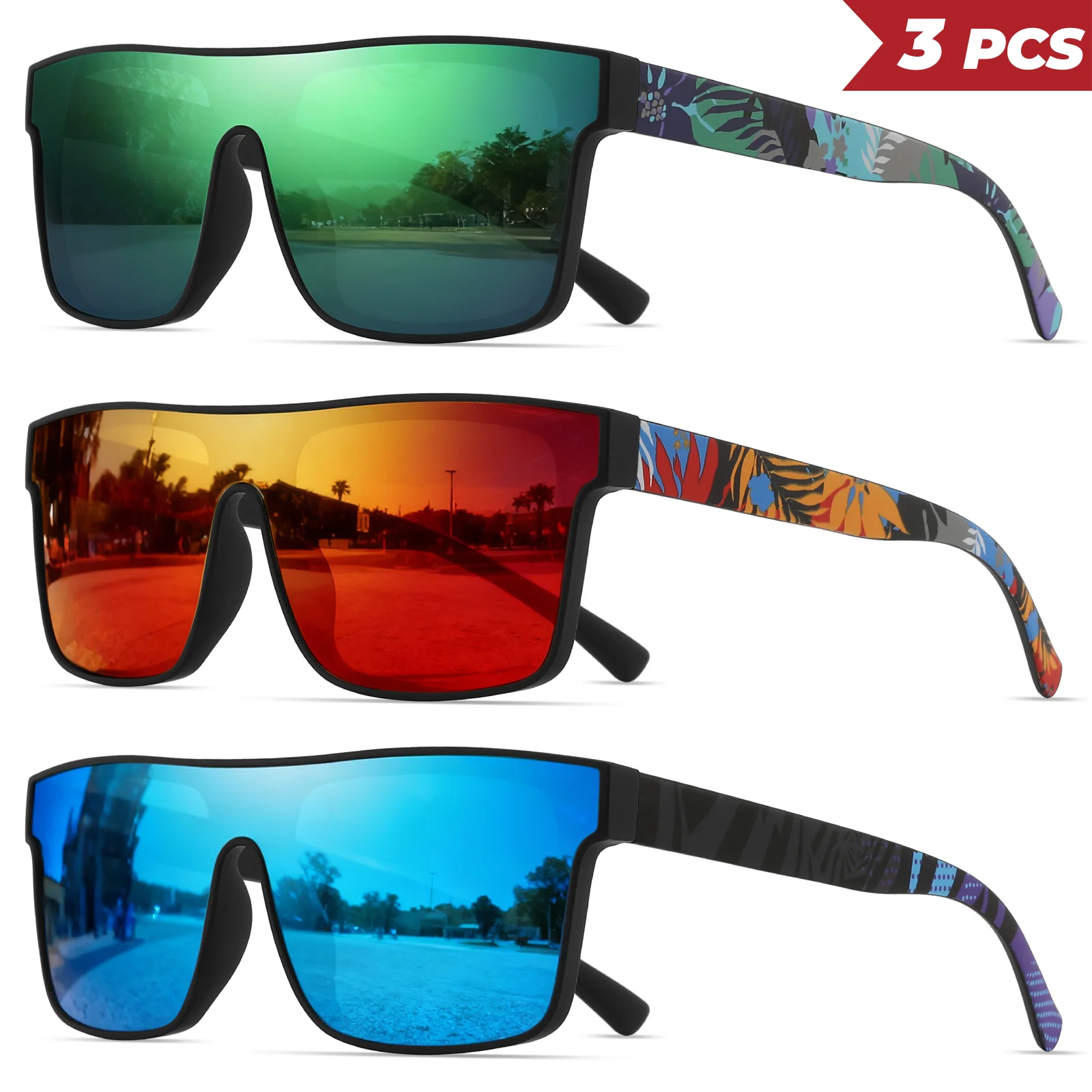 3 Stück klassische quadratische modische Sport-Sonnenbrille – gemusterte Bügel, Unisex für Radfahren, Wandern, Reisen – perfektes Geschenk – Detail 11