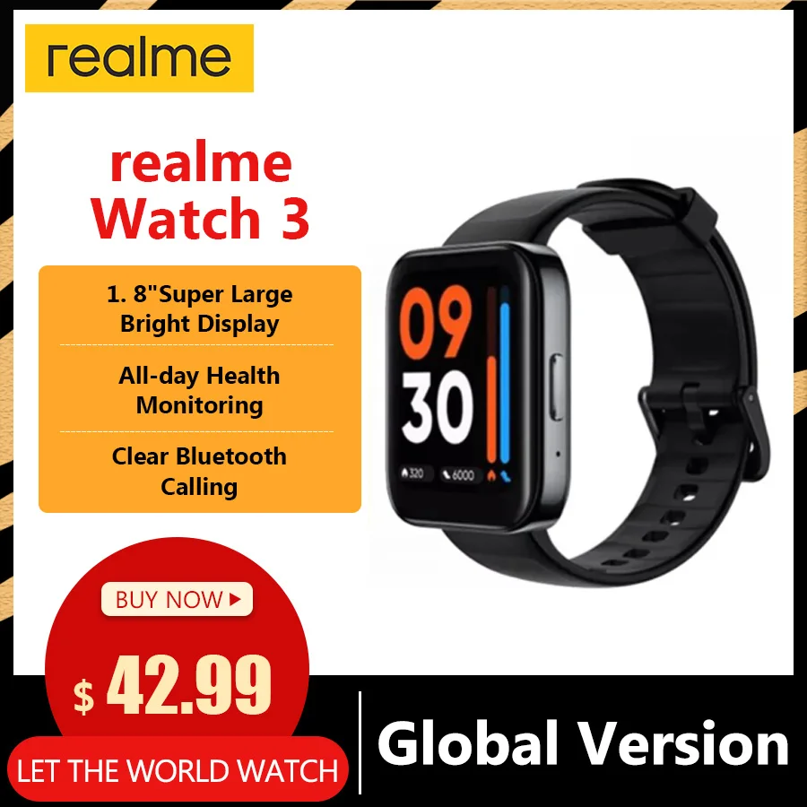  realme Watch 3 Global Version Smart Watch 1.8inch Blood Oxygen Heart Rate Monitor 110 Sport Model 340mAh Battery Smart Watch 