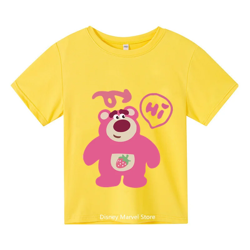 

New cartoon pink Strawberry Bear Kids Short Sleeve T-shirt Boys Girls Students 2024 summer crewneck fashion casual sports T-shir