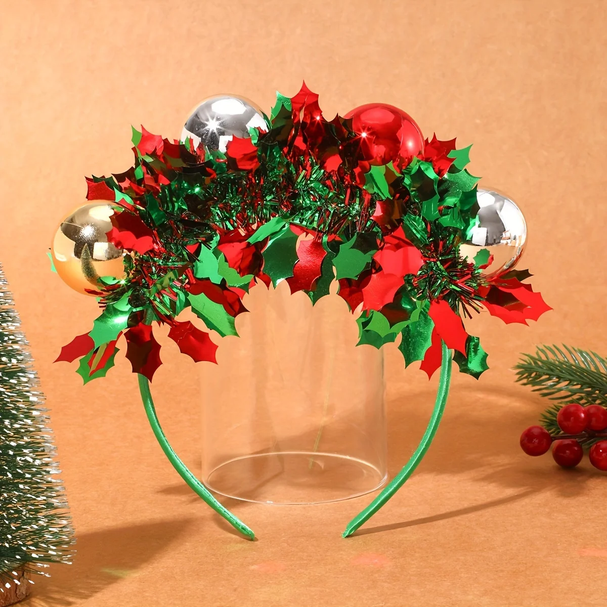 Hair Headband Holiday Christmas Red and Green Ball Headband Decoration Suitable for Holiday Parties Gift Giving