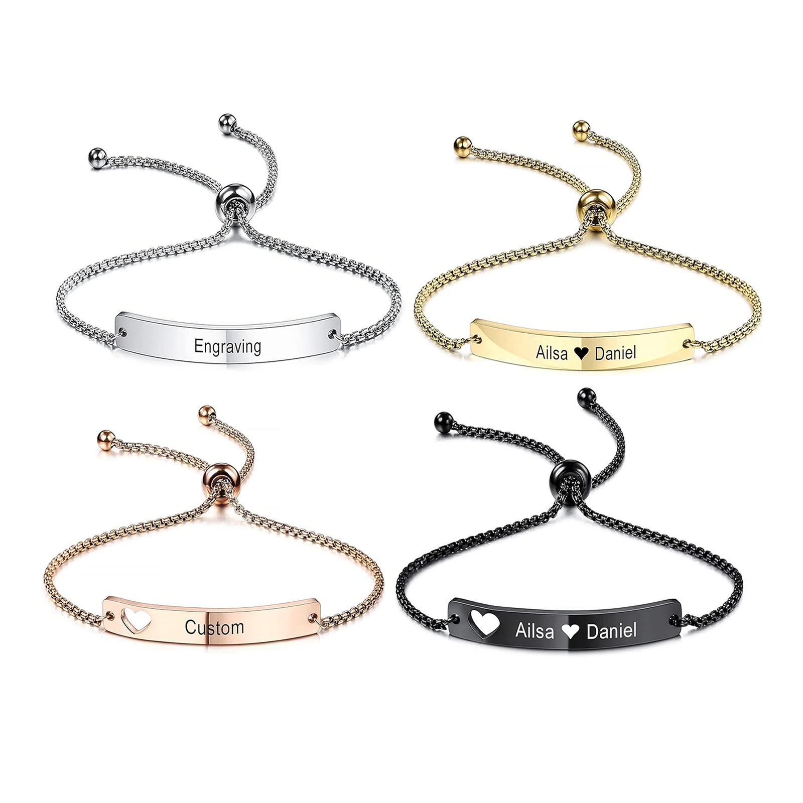Personalisiertes, graviertes Bar-Armband, individueller Name, Koordinaten, Nameplattiert, verstellbare Kette, Edelstahl-Schmuck ﻿ 4 Farben