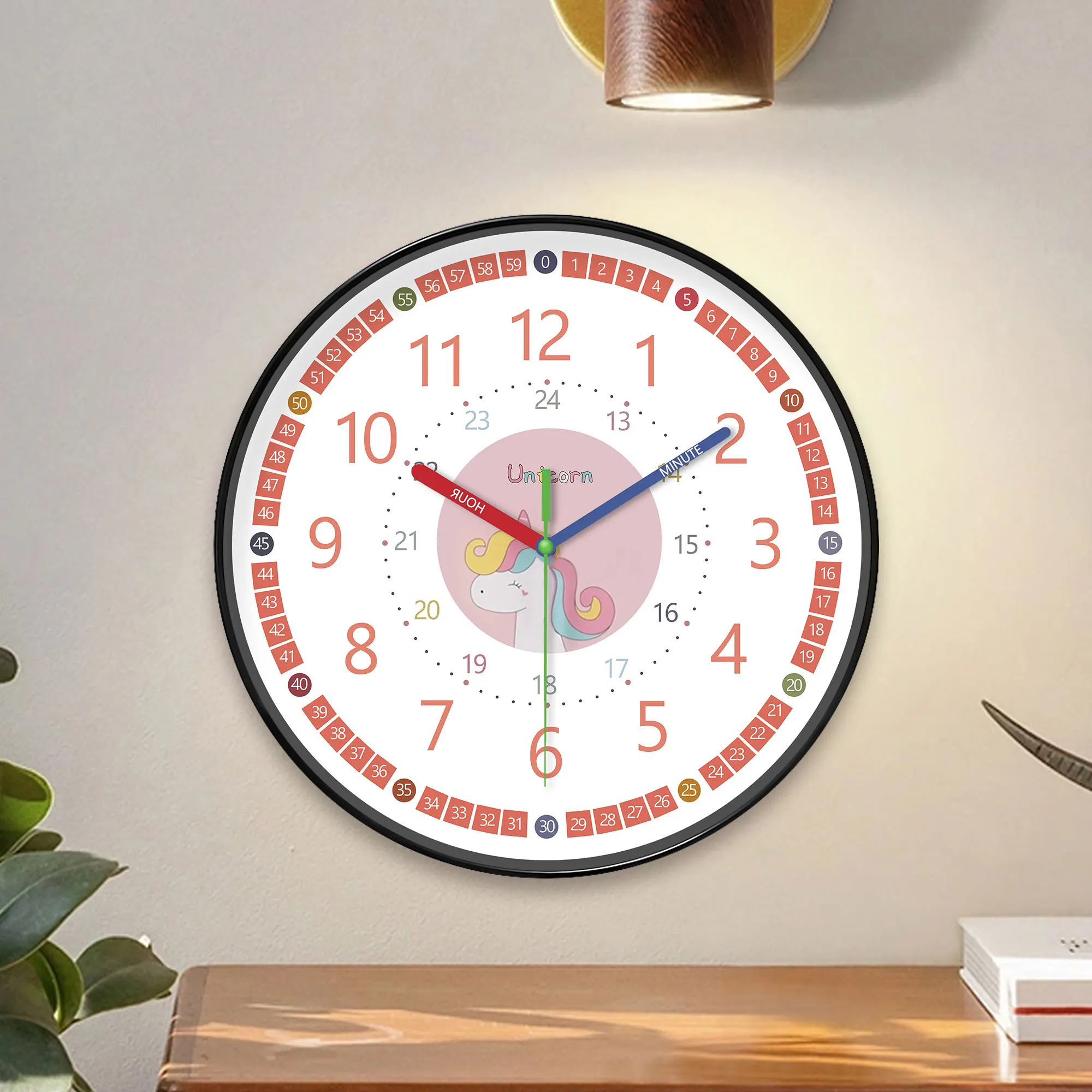 1pc 8-inch wall clock, cartoon pink unicorn and 24-hour color digital design wall clock, silent instructional c