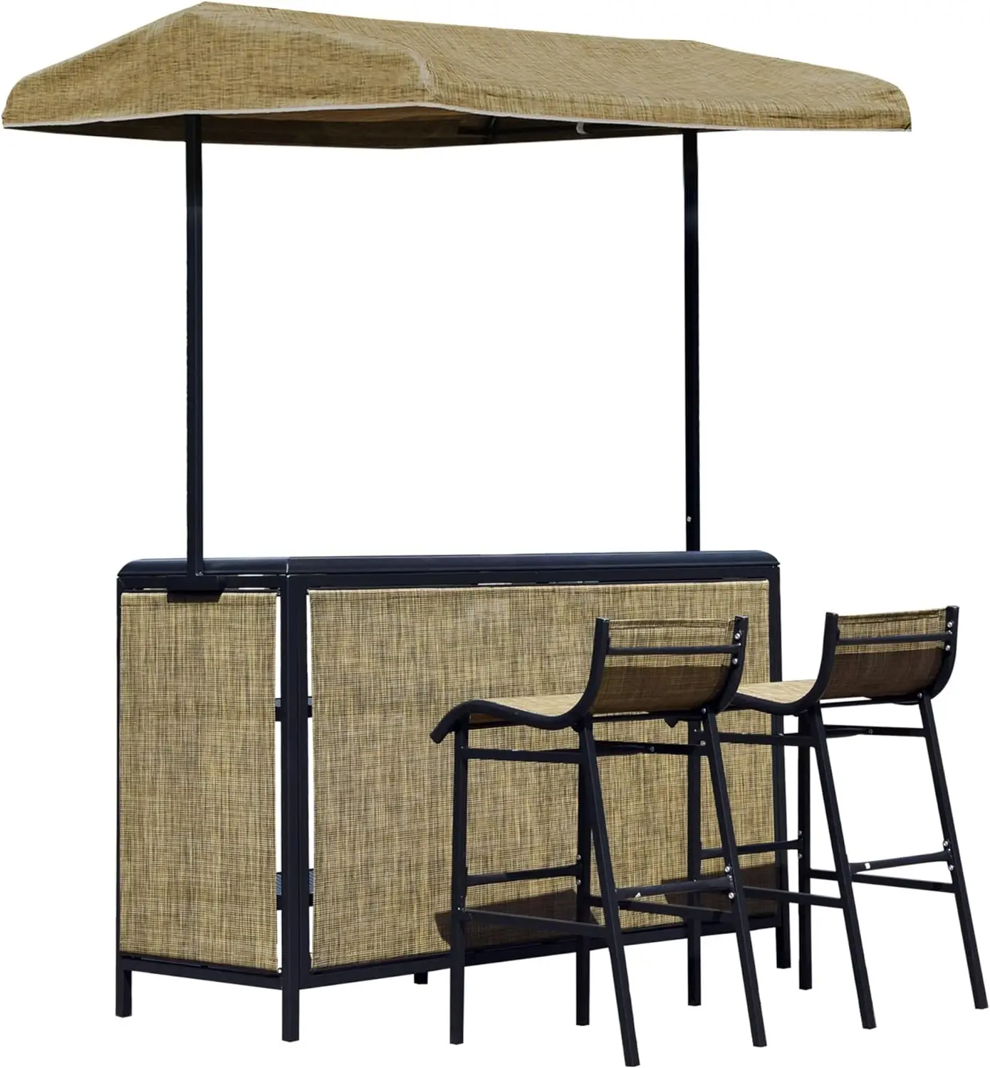 

Уличный барный набор из 3 предметов для 2 человек с навесом, прямоугольный стол с полками для хранения и двумя барными стульями, дышащая сетка