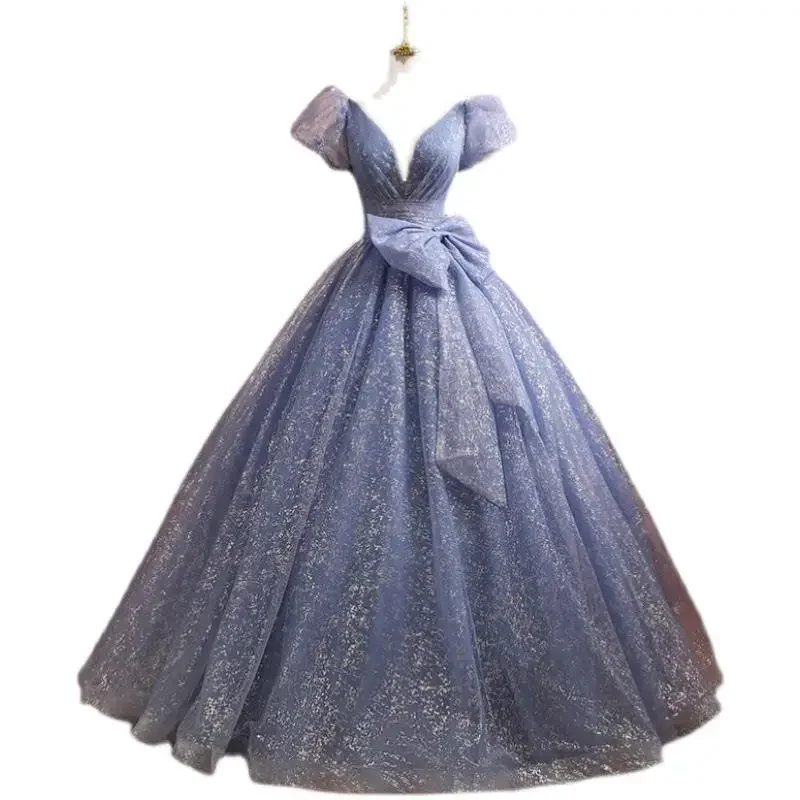 Blue Evening Dress New Summer Elegant V-neck Bow Slim Short-sleeved Long Graduation Ceremony Gonws For Fashion Girls