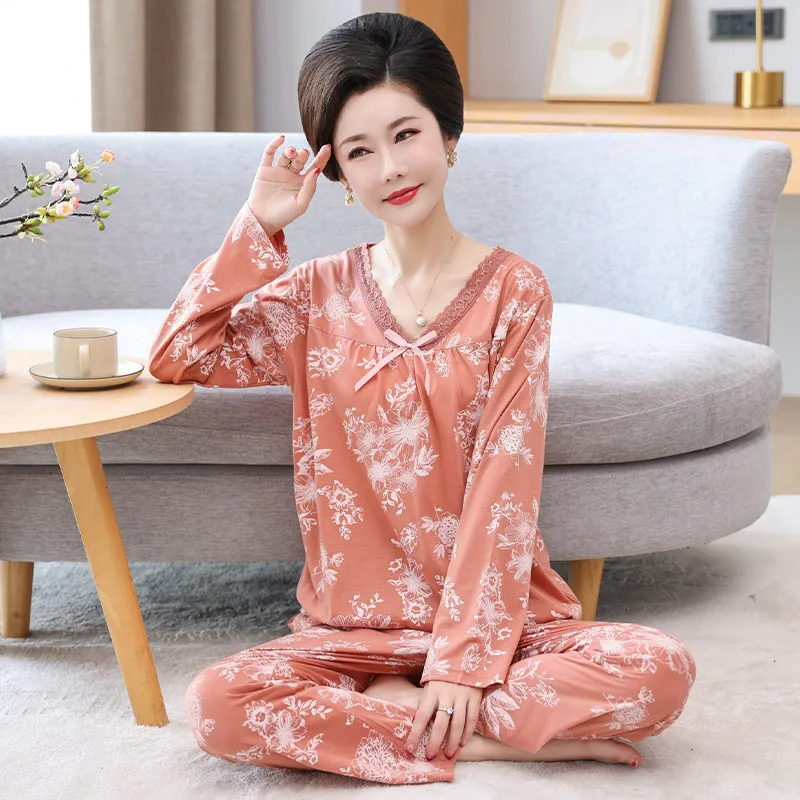

Women Pajama Set V-Neck Lace Sleepwear Sexy Pure Cotton Loose Style Floral Print Pyjamas Female Home Clothes XL XXL 3XL 4XL