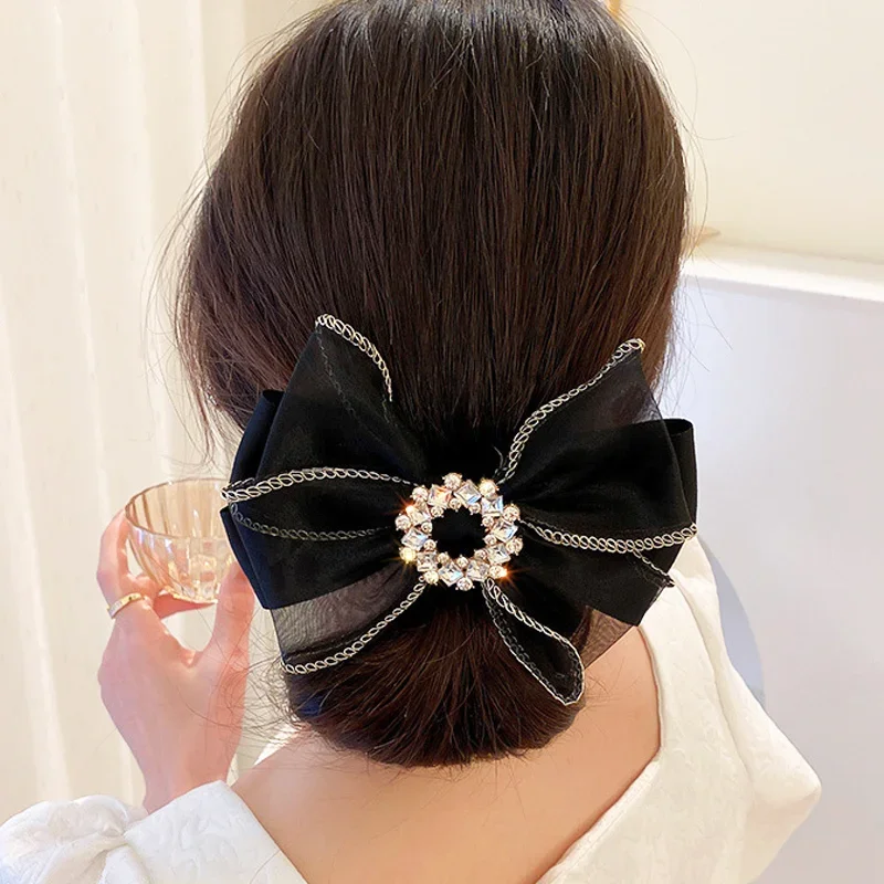 Shiny Full Rhinestone Bow Hair Clip for Girls Fashion Double Mesh Bow Hairpins Barrettes Women Side Bang Clips Hair Accessories