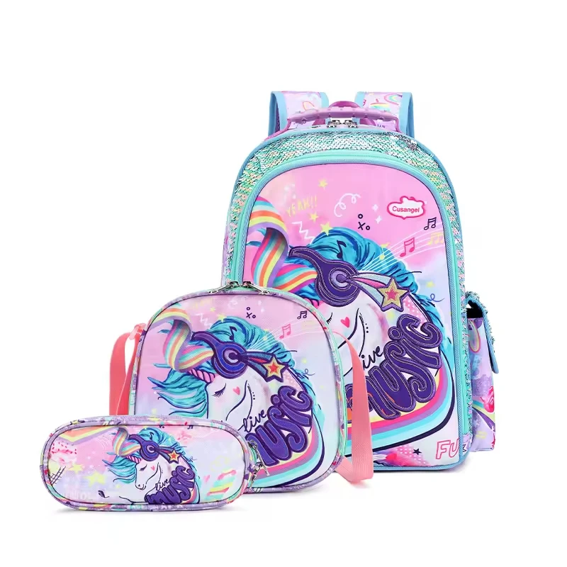 

Sequin Unicorn,High Quality High Capacity Primary School Students Backpack 3 PCS Set,One Backpack, One Pen Case, One Meal Bag