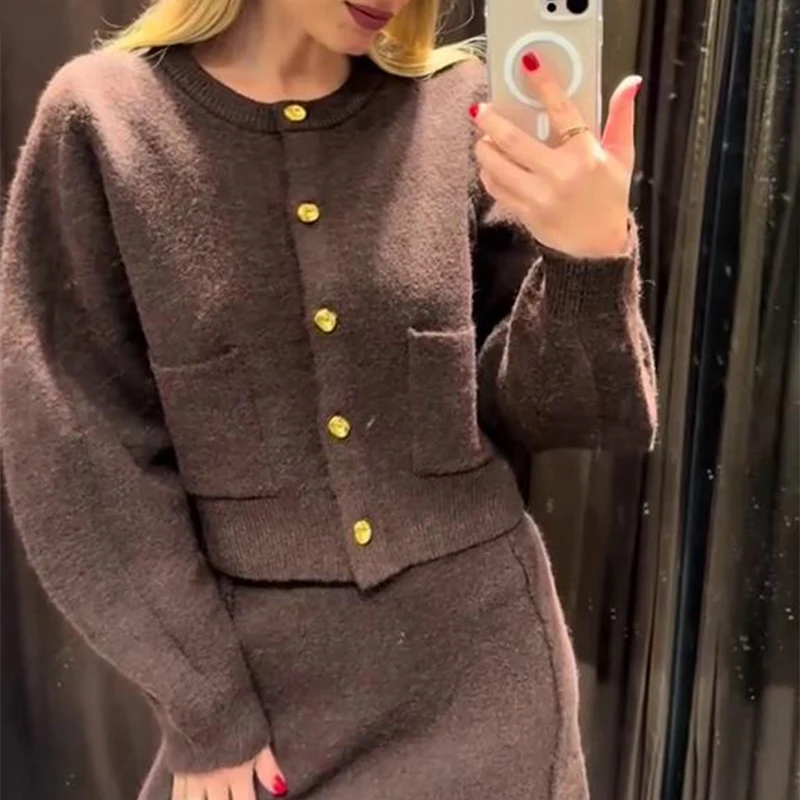 Elegant Brown Skirt Suits Knitted O-Neck Long Sleeve Metal Button Cardigan High Waist A-line Mini Skirts 2025 Spring Lady Outfit