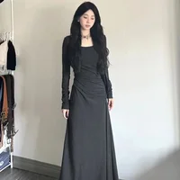 French Long Sleeve Grey Dress Women's Waist Cinched Slimming Draping Long Dress Autumn Winter Inner Wear Ankle Length Dress