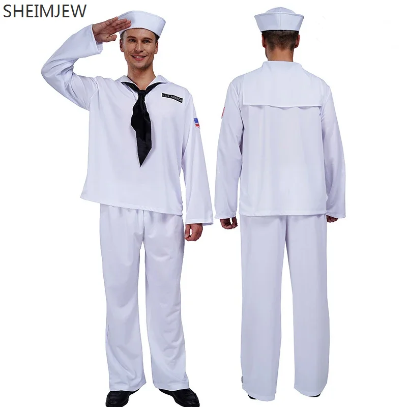 

Мужской костюм моряка на Хэллоуин, костюм морского флота, костюм для выступления на сцене, костюм для Хэллоуина, белая Бриллиантовая униформа для мужчин