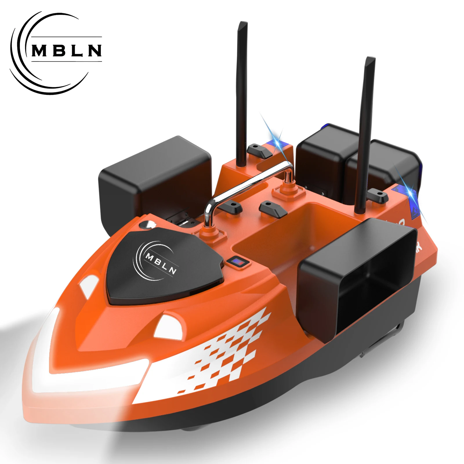 MBLN Bait Boat with 4 Independent Hoppers,Dual Antennas for 500m Range, Dual Power Supply, Front & Rear Lights for Night Fishing