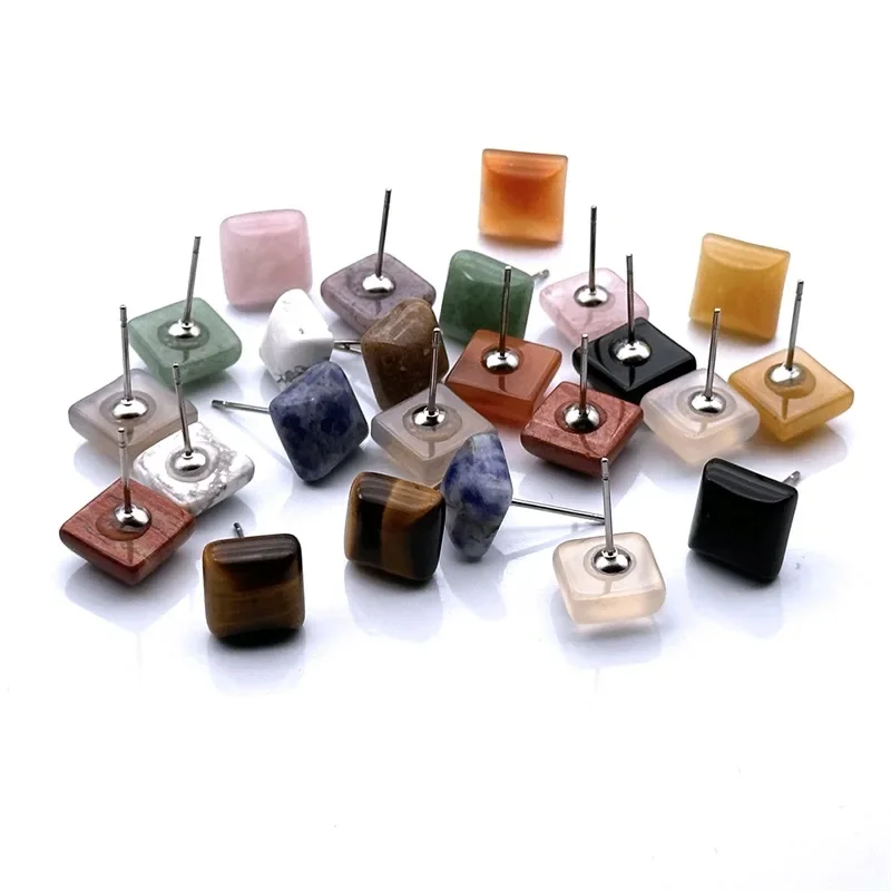 

10pairs Lots Simple Square Natural Stone Earrings Agates Quartz Bead Stainless Steel Stud Fashion Ear Jewlry for Women Girl