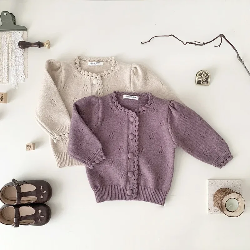 Autumn Winter Baby Girl Purple Knitted Sweater Girls Sweet Cardigan Coats Children's Sweater Outwear Tops Kids Clothing
