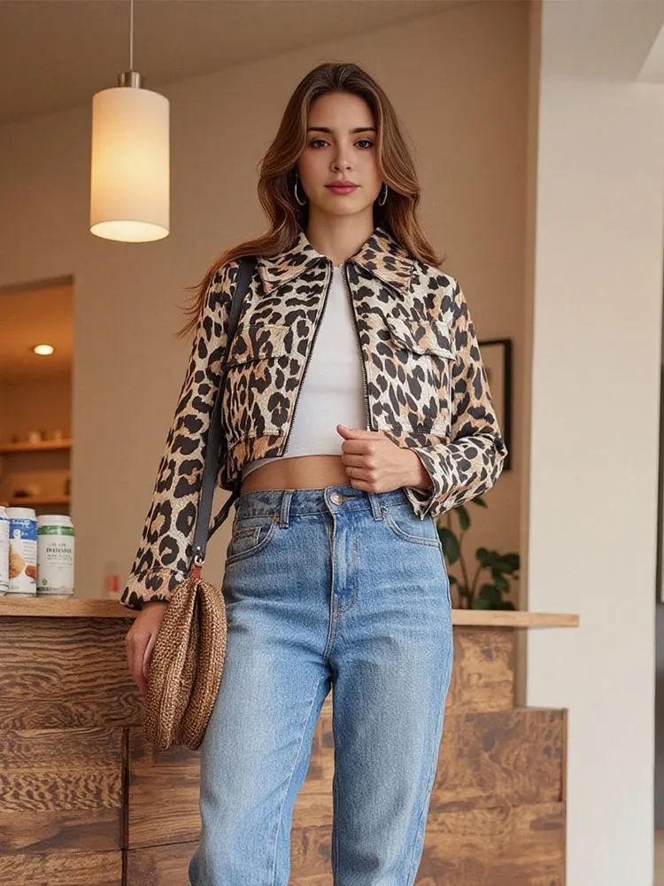 HH Women Leopard Cropped Jacket Y2k Vintage Long Sleeve Lapel Collar Zipper Coat 2025 Female Fashion Streetwear Top