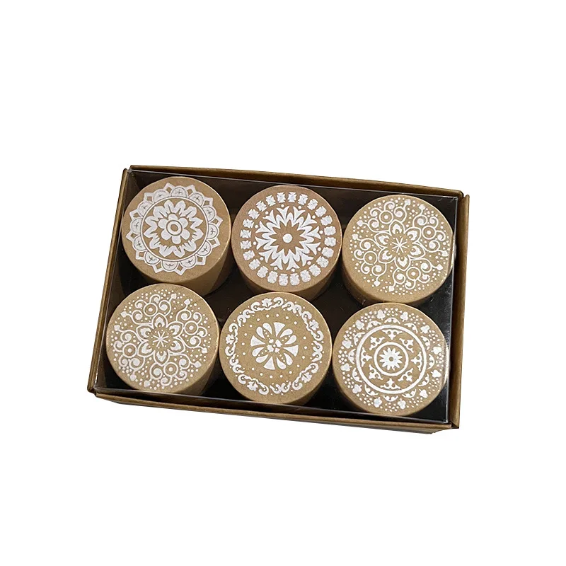 6pcs Wood Rubber Stamps Lace Round Wooden Stamp DIY Craft Scrapbooking Stamping Birthday Party Wedding Christmas Decoration