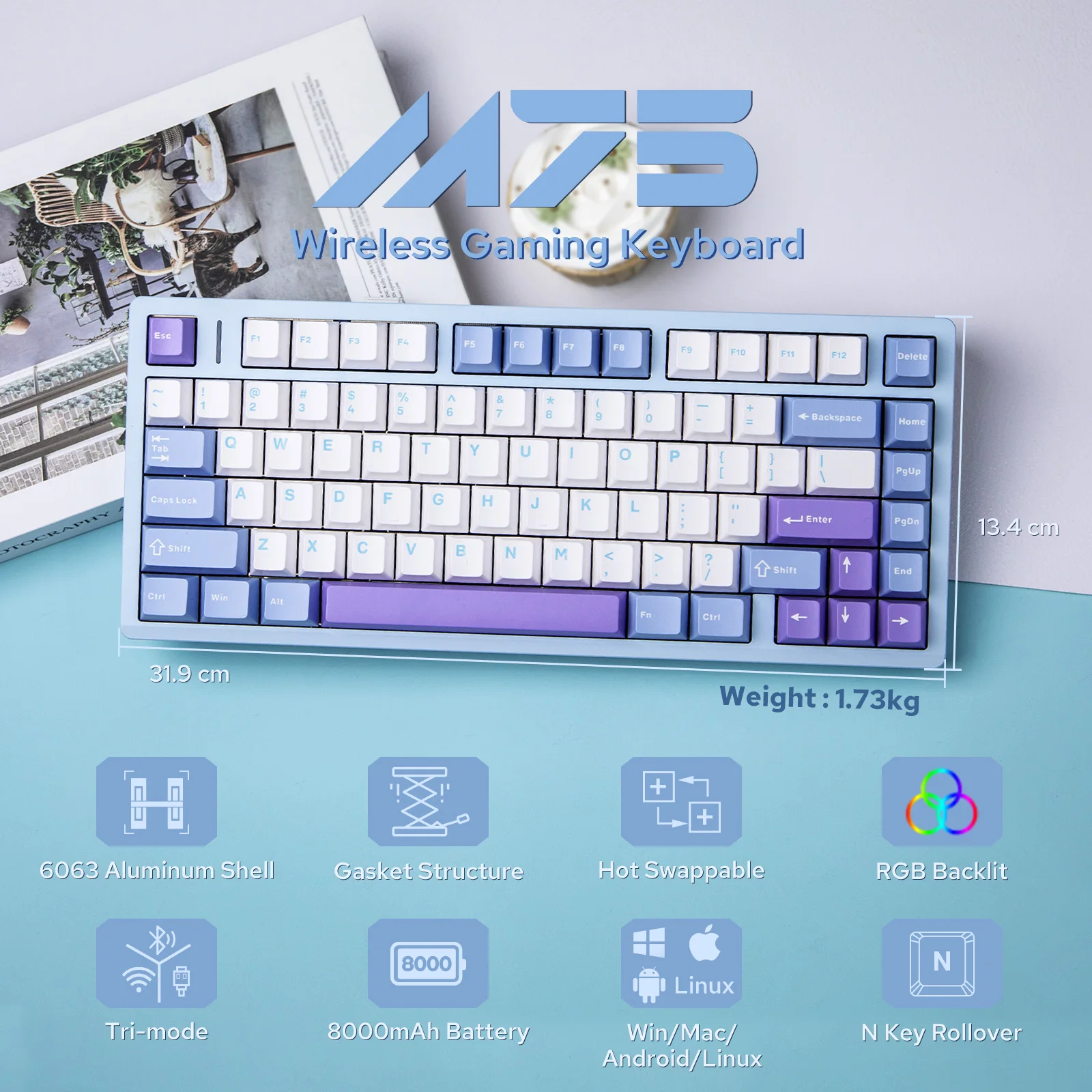 AULA M75 75% ANSI US 레이아웃 유선/블루투스 5.0/2.4GHz 무선..