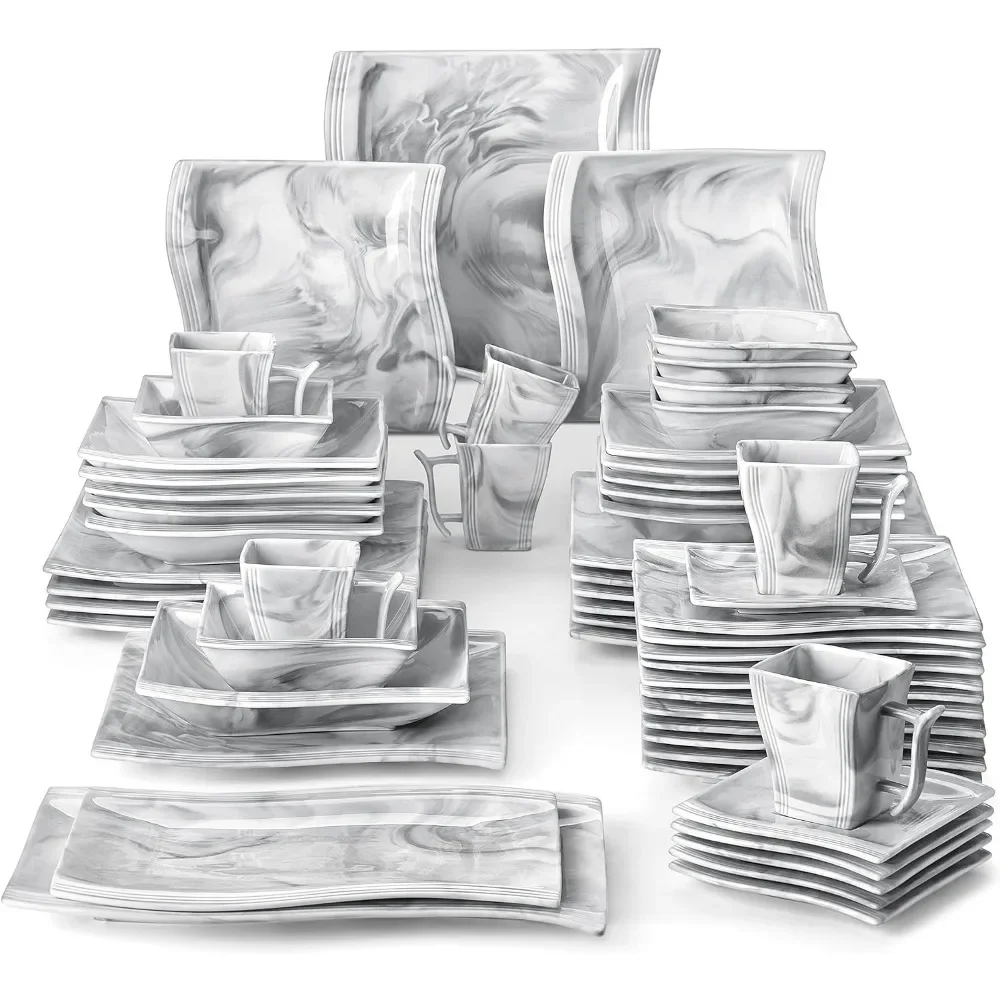 

56 Piece Porcelain Plate and Bowl Set, 12 Piece Set, Square Tableware, Bowl, Serving Plate, Cup, Marble Tableware Set