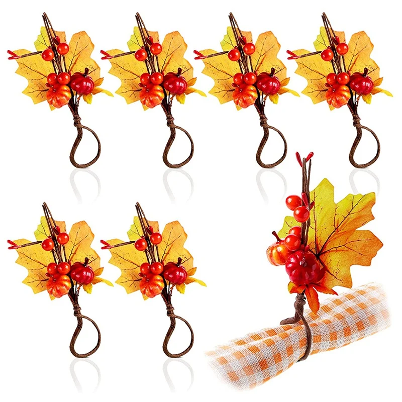 

6 Pieces Fall Napkin Ring Maple Pumpkin Berry Napkin Rings Thanksgiving Napkin Rings Harvest Farmhouse Serviette Buckles