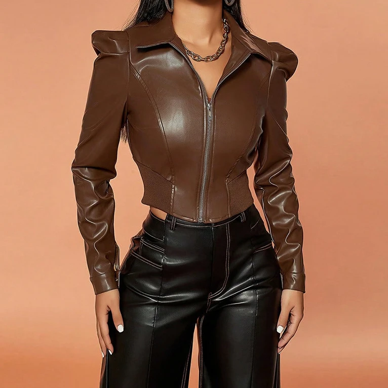 

Женское кожаное пальто, осенне-зимняя новая мотоциклетная куртка из искусственной кожи с пышными рукавами, кожаная куртка с коротким отложным воротником