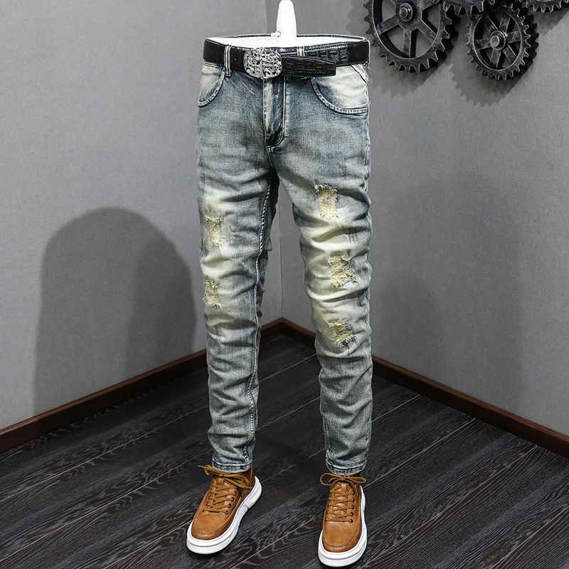 Fashion Designer Men Jeans Retro Washed Elastic Slim Fit Ripped Jeans Men Patched Trousers Vintage Casual Stretch Denim Pants men jeans streetwear vintage jeans men mid waist slim fit stretch denim pencil pants trousers spring summer stretch ripped jeans