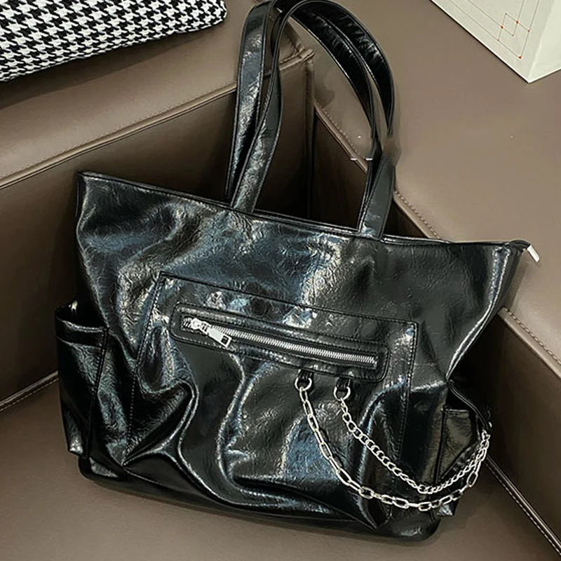 

Big Women's Square Shoulder Tote Bag Magnetic Buckle Texture Patent Pu Leather Tote Bag Large Capacity Shopping Shoulder Bags