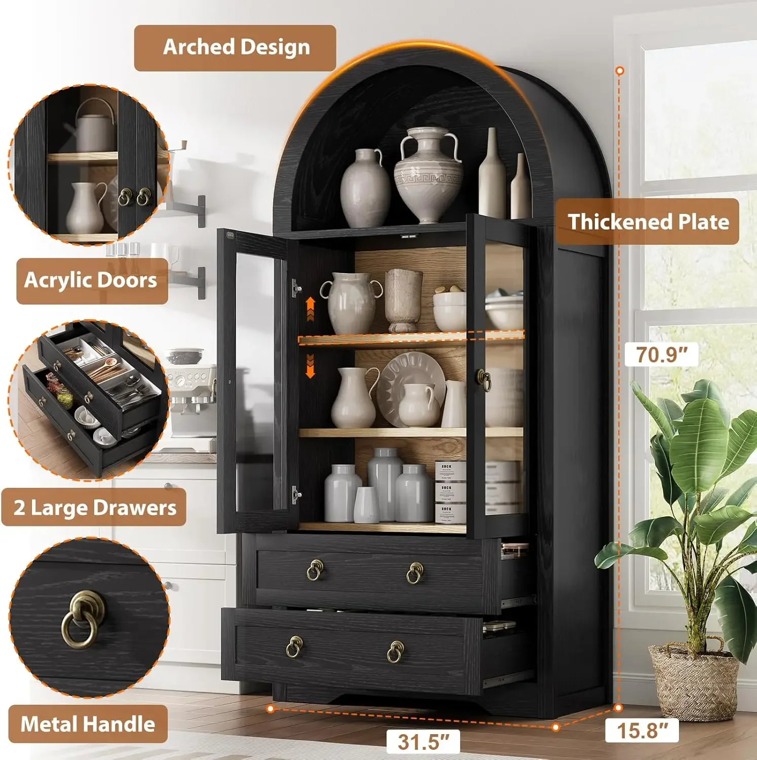 NEW-Kitchen Pantry Cabinet, Arched Bookshelf Bookcase China Pantry Storage Cabinet with Drawers Doors and Shelves,71“