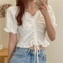 

Short Sleeve Crop Top Blouse Women Clothing 2022 Fashion Ruffles Summer Blouses Femme Drawstring Bow Ladies Tops Camisas Mujer