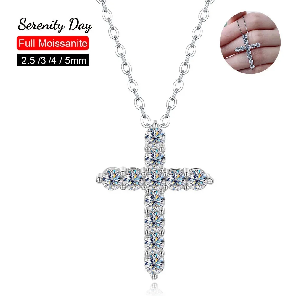 

Sereity Day Full Moissanite Cross Pendant Necklace Original S925 Silver Chain Plated 18k White Gold Fine Necklace for Women Gift