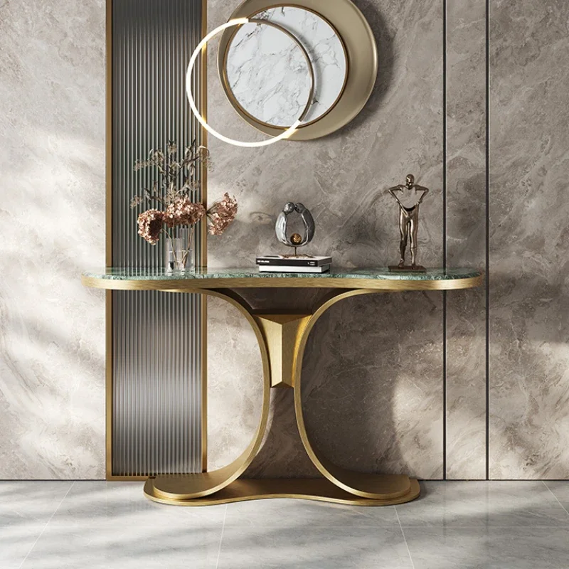 

High end Italian light luxury rock slab marble entrance desk, modern and minimalist hallway directly opposite door luxury stone