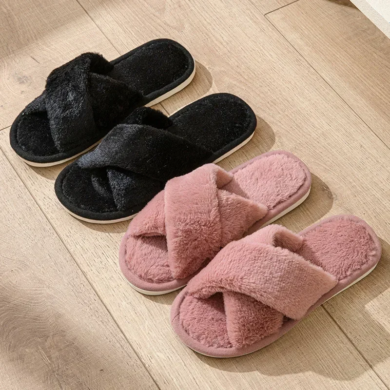 Winter Women Home Indoor Casual Fuzzy Slippers Female Flip Flops Fluffy Shoes Cross Slides Ladies Soft Plush Slippers 2024