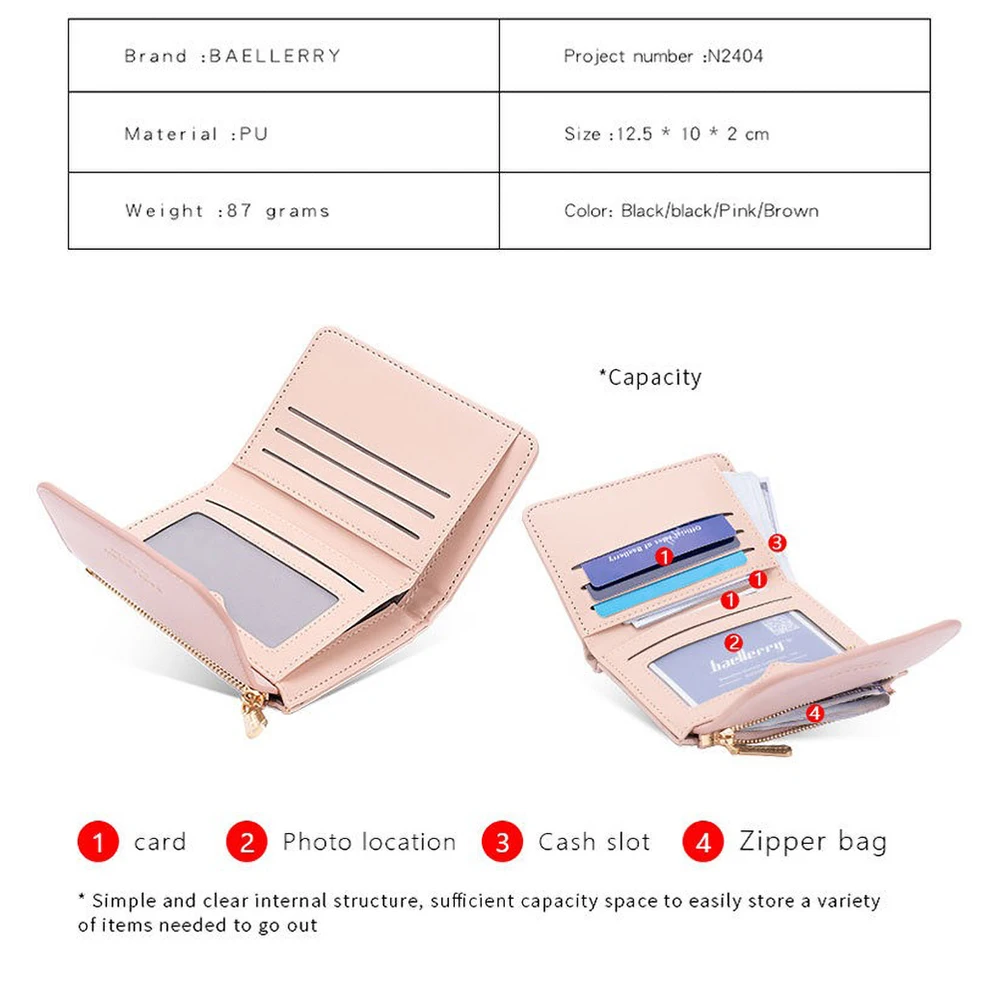 Baellerry Women's Short Wallet PU Leather Fashion Zip Coin Purse with Card Slots Slim Mini Wallet Gift for Her