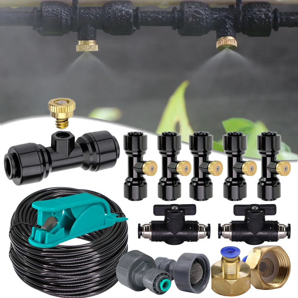

0.4mm Misting Nozzles Garden Irrigation Cooling System Tee Connecter Brass Fine Atomization Sprayer 1/4" PE Hose Coupling Joint