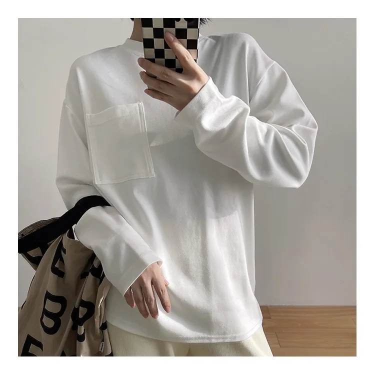 

Pocket white long-sleeved T-shirt women's 2022 spring and autumn new Korean version loose and lazy design top bottoming shirt