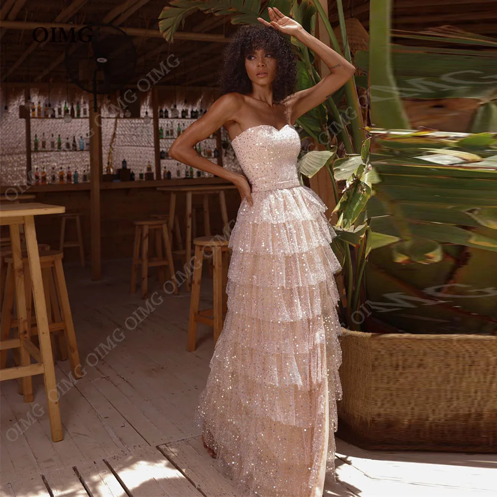 

OIMG Pink Shiny Glitter Sequins Evening Dresses 2023 Long Slit Vestido De Noche Sweetheart Tiered Formal Occasion Dresses Gowns