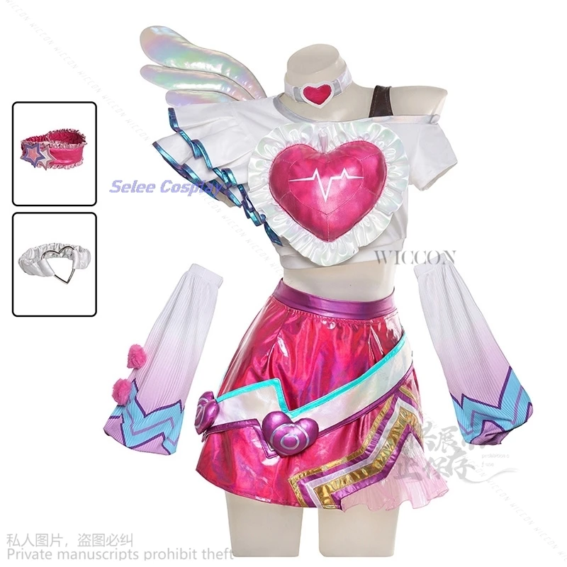 

Game LOL Cosplay Luxanna Crownguard Costume Valentine's Day Cos Sexy Lovely Dress Uniform Cos With Light Gold Long Wig Full Set
