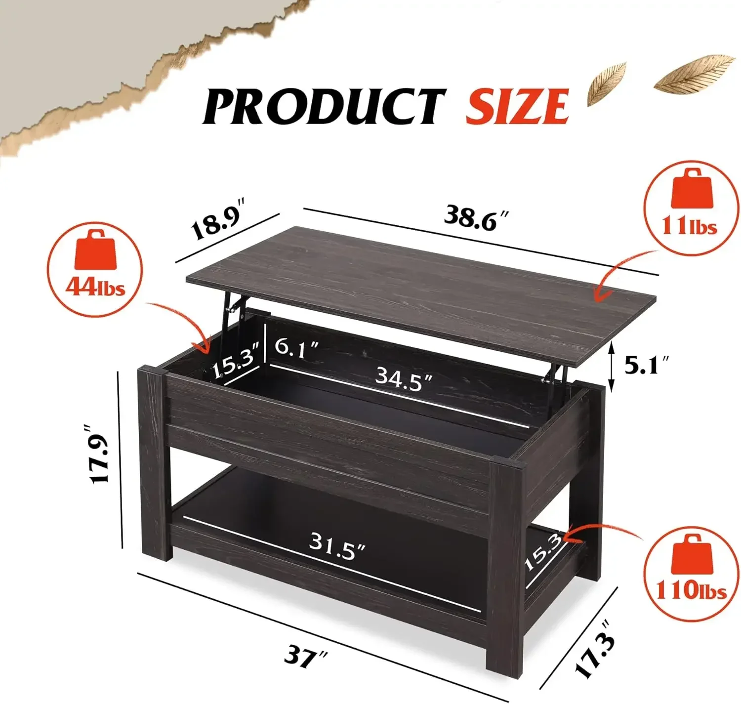 Coffee Table, 39" Lift Top Coffee Table with Hidden Compartment and Storage Shelf for Living Room, Espresso 3