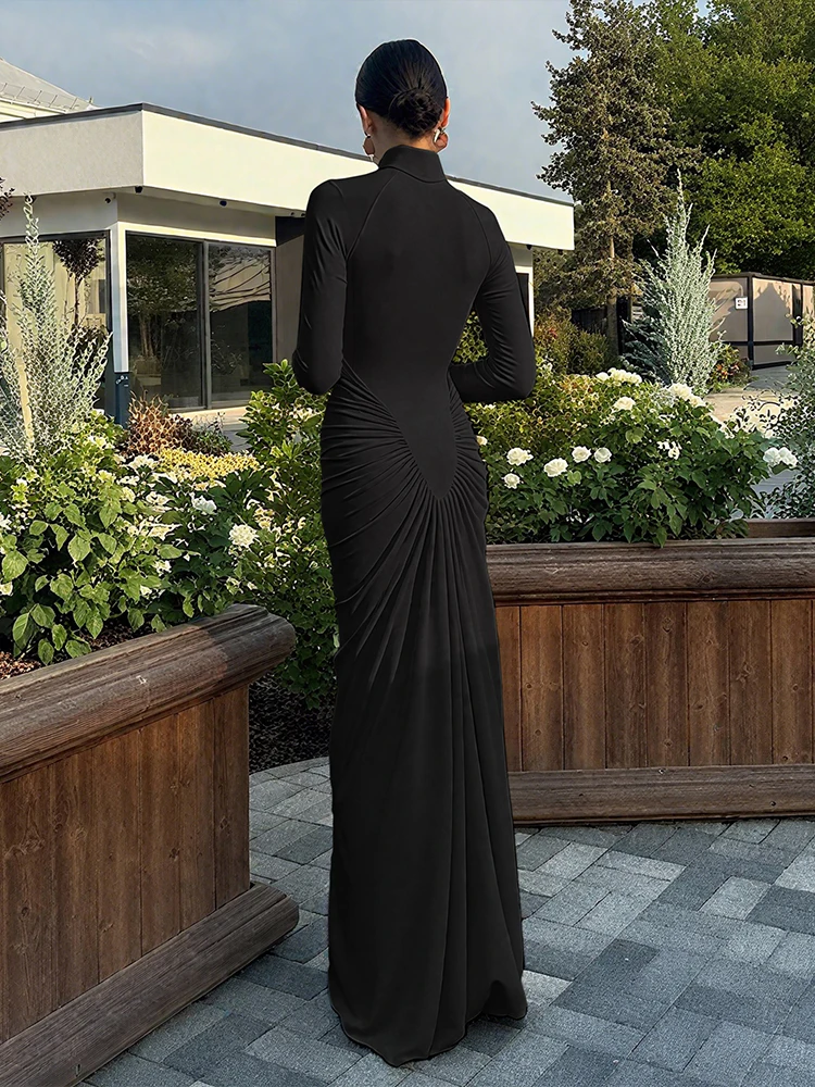 Nibber Turtleneck Maxi Dress Women Peach Butt Long Sleeve Folds Solid Skinny Elasticity Classic Basis Elegant Party Vestidos