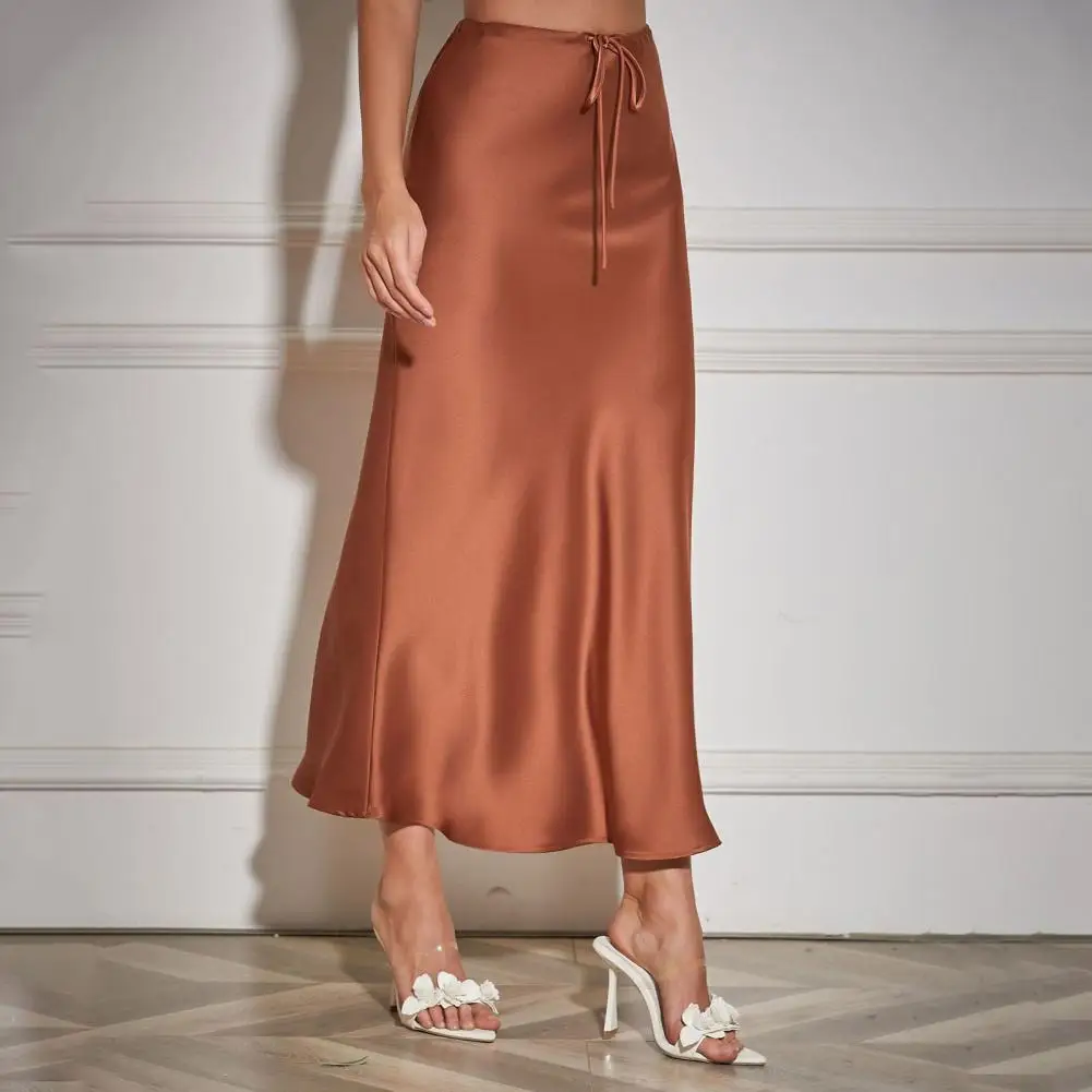 

Женская шелковистая атласная юбка с высокой талией на шнуровке, эластичная юбка до щиколотки, трапециевидная Мягкая дышащая повседневная женская юбка макси, модная юбка