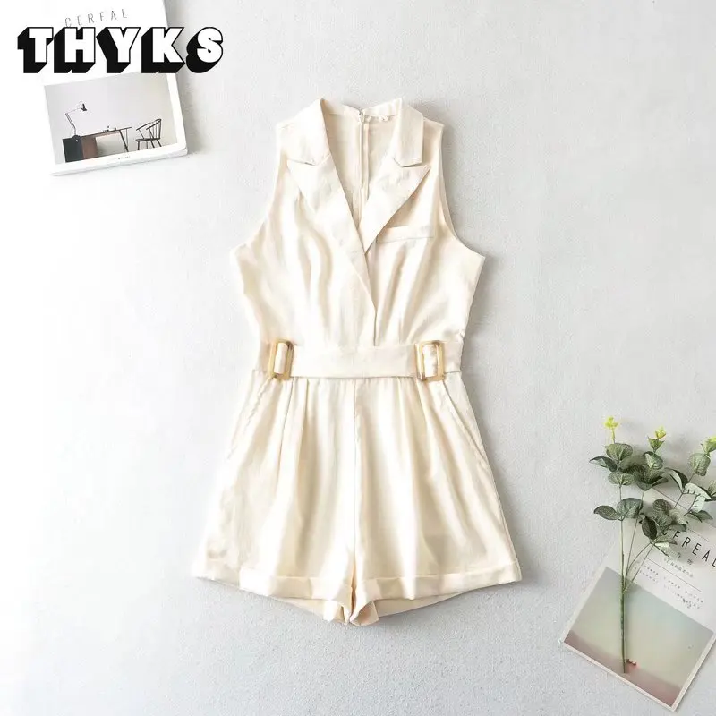 

European American Style Polo Collar Jumpsuit Women Summer Romper Dress Waist Tie Up Sleeveless Pure Color Jumpsuit Short Skirt