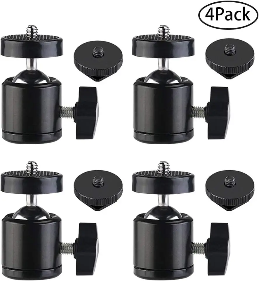 

4x Hot Shoe Mount Adapter 360 Degree Swivel Mini Ball Head 1/4 Tripod Screw Head for Cameras, Camcorders, Smart Phone, LED Video