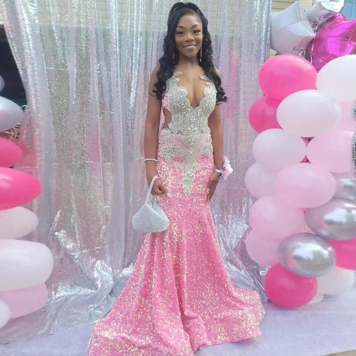 Pink Mermaid Prom Dress for Women 2024 Sparkly Black Girl Birthday Party Gown main image 1