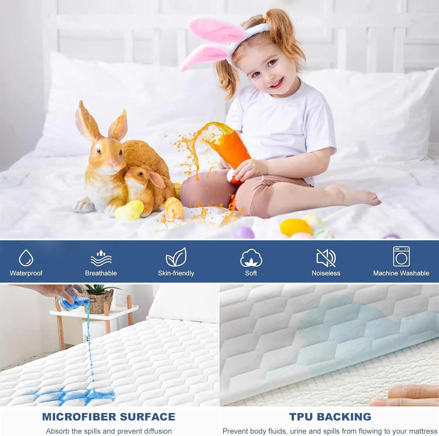 Queen Mattress Protector Waterproof, Waterproof Quilted Fitted Mattress Pad, Noiseless Hollow Cotton Cover,