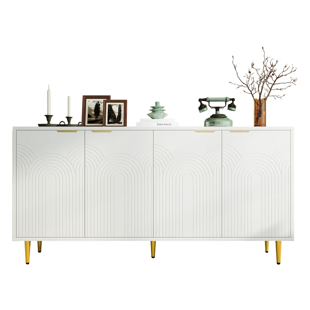 PINGGO Sideboard Wohnzimmer-Kommode mit 4 Türen, goldfarbenen gebürsteten Griffen und Hochglanz-Tischbeinen, Kommodenschrank, Weiß – Detail 10