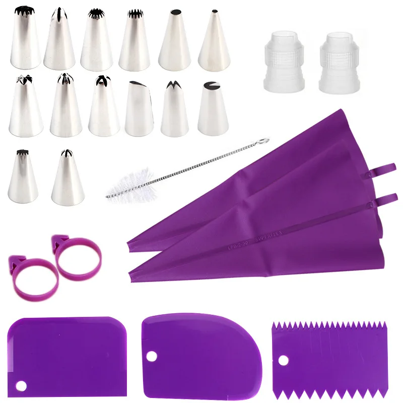 24Pc Set Pruple Blue Pink Silicone Bag Pastry Mold lcing Piping Nozzle