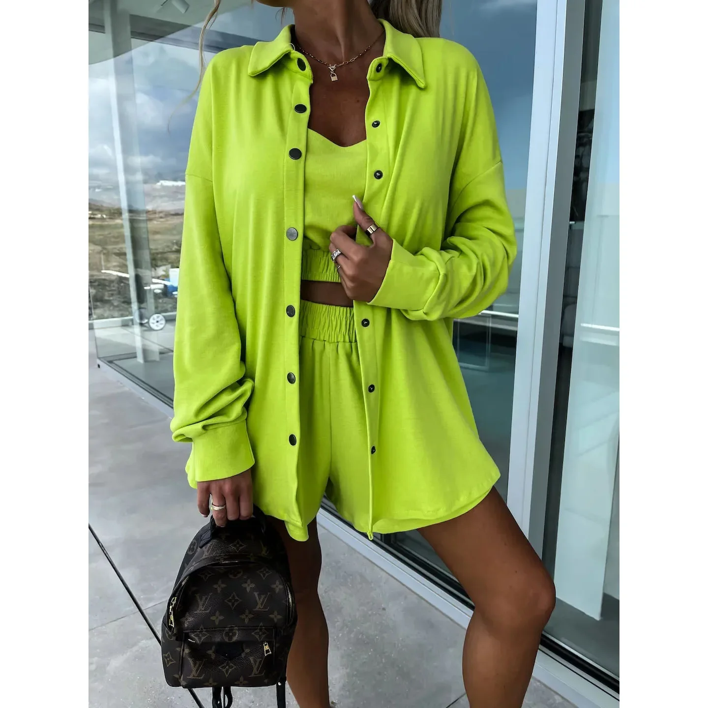 2023 Spring and Autumn New Casual Three-piece Vacation Loose Pocket Women's Shorts Suit 2 Piece Sets Womens Outfits