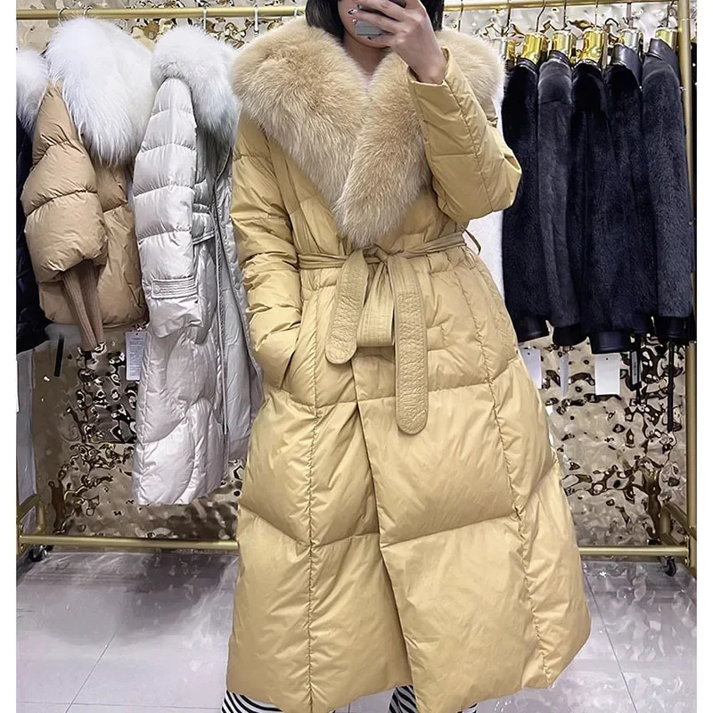 

White goose down jacket, winter women's fashion, high-end, long, slim, true fur collar, warm jacket, down jacket