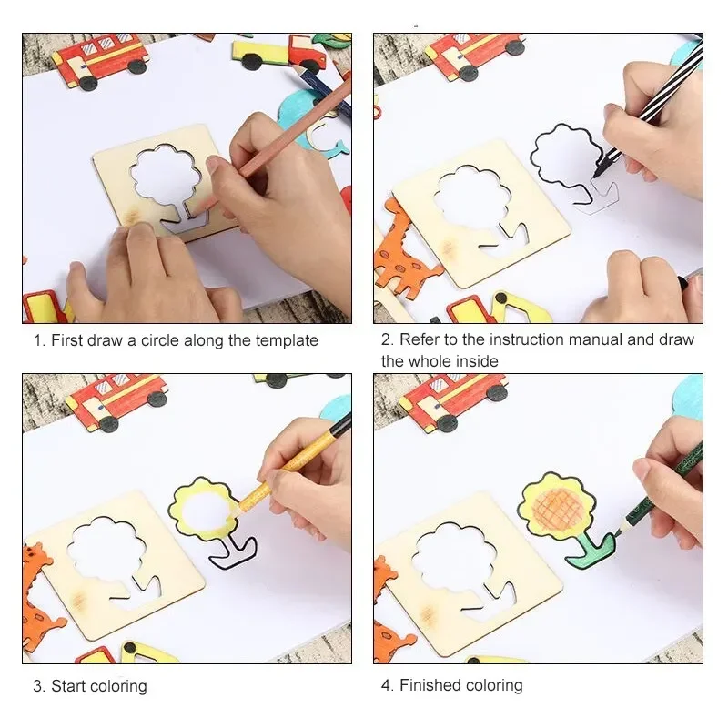 Wooden DIY Painting Stencils Template Craft Toys for Kids