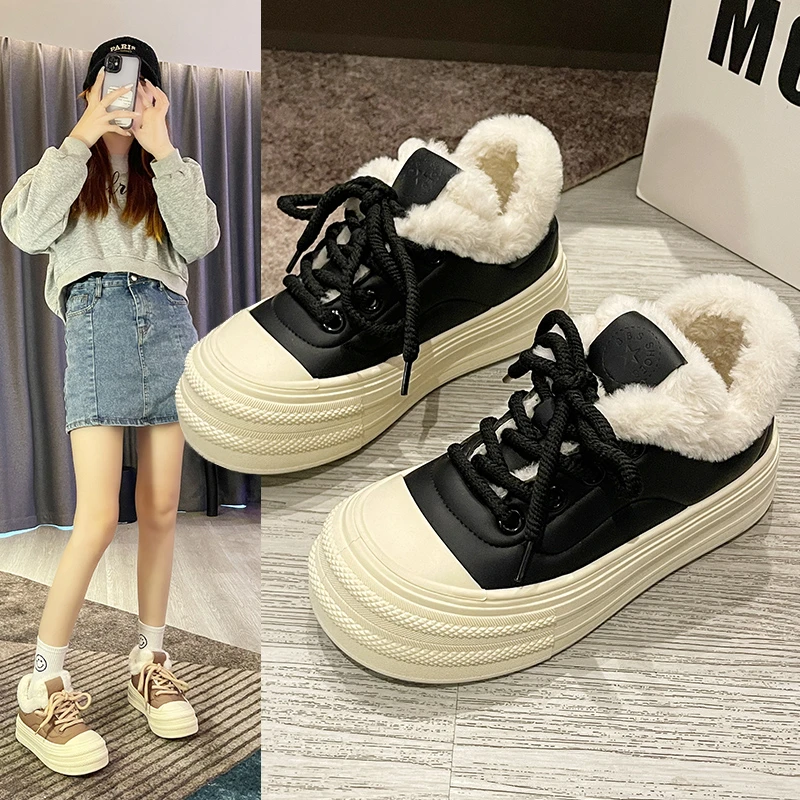 Women Snow PU Lovely Shoes Female Luxury Non-Slip Platform Casual Flat Footwear Winter Firm Warm Plush Shoe Girls Free-Shipping