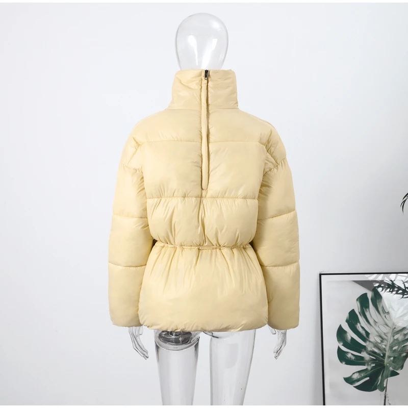 Lace up Stand Collar Cotton Jacket Woman Long Sleeve Zipper Waist Cinching Casual Coat Street Versatile Women's New Warm Jackets