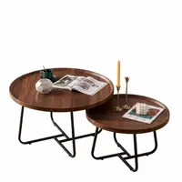 Ensemble de 2 tables basses rondes emboîtables de style moderne du milieu du siècle, avec plateau en grain de noyer cannelé, tables d'appoint circulaires pour salon, chambre et bureau 8